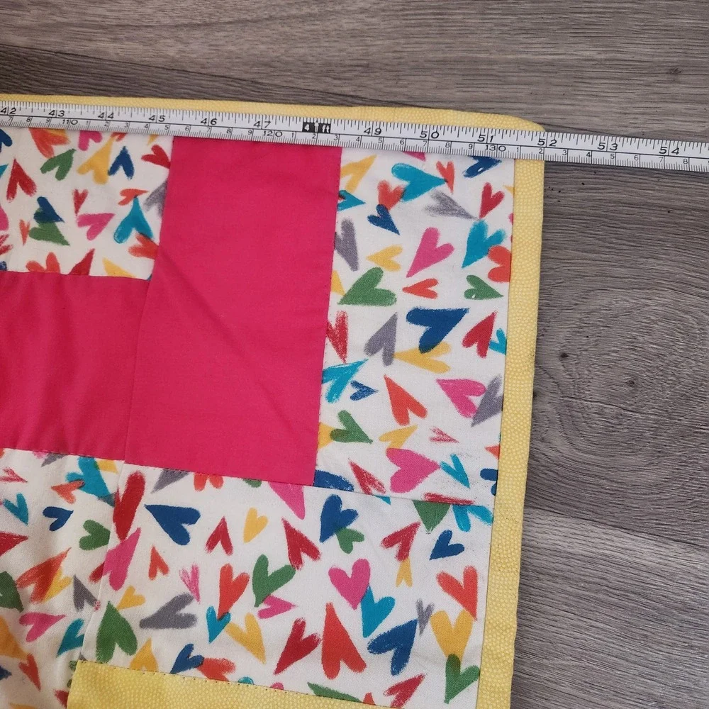 Handmade Yellow Pink Baby Quilt 52x40 Zigzag Heart Print Geometric Nursery Decor